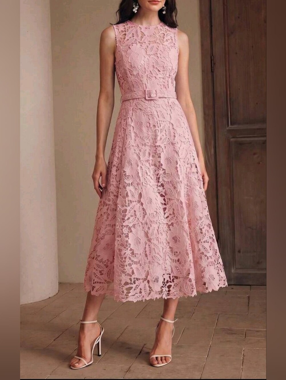 New Luxe Embroidered Lace Long Dress Sleeveless Belt Pink
